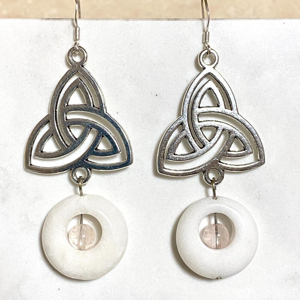 2/$20, Genuine White Milky Quartz Triqueta Sterling Silver Hook Dangle Earrings